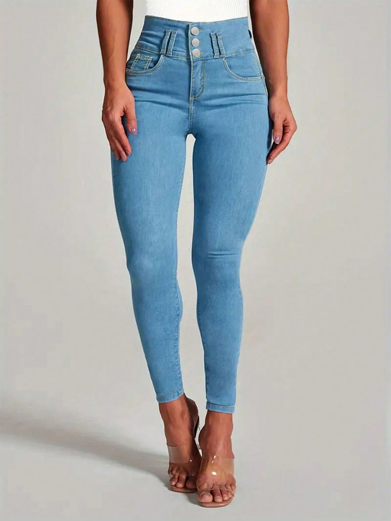 Jeans ajustados de moda para mujer con botones y bolsillos