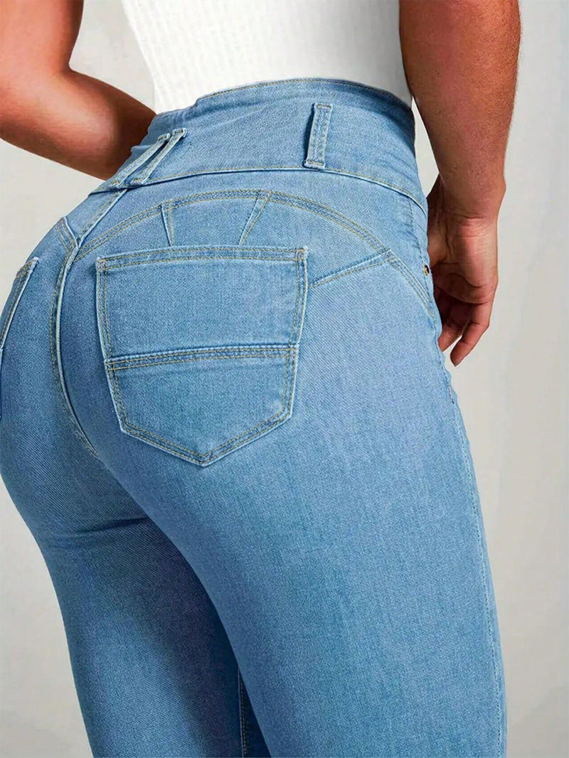 Jeans ajustados de moda para mujer con botones y bolsillos