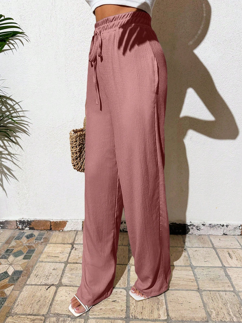 Pantalones largos sencillos de mujer de uso diario con cintura ajustable y unicolor