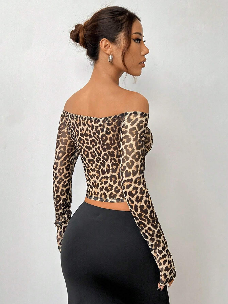 EZwear Top de mujer con estampado de leopardo y hombros descubiertos de malla