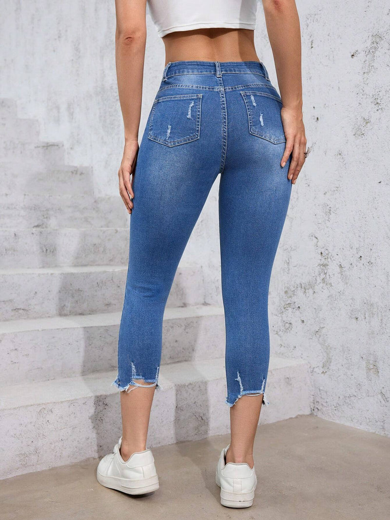 EZwear Jeans de mezclilla informal para mujer con bordes deshilachados y desgastados