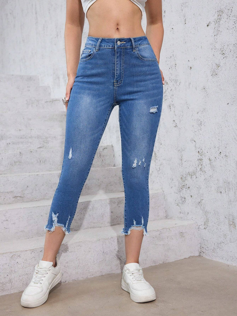 EZwear Jeans de mezclilla informal para mujer con bordes deshilachados y desgastados