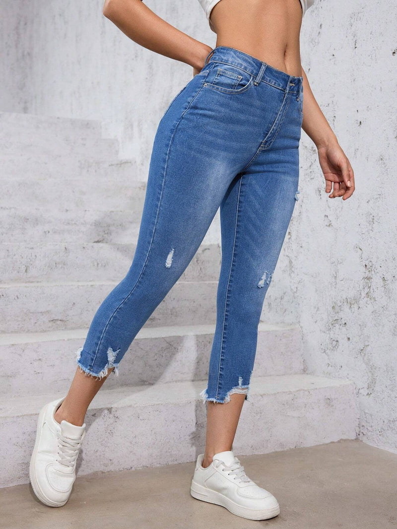 EZwear Jeans de mezclilla informal para mujer con bordes deshilachados y desgastados