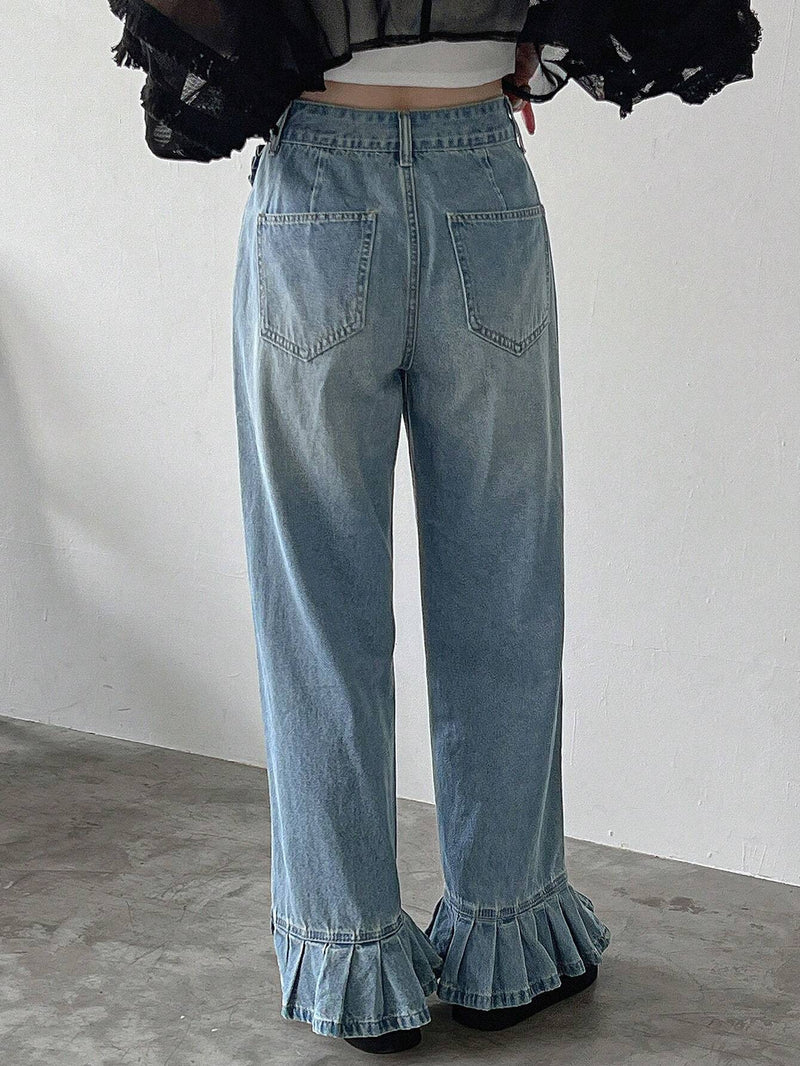 FRIFUL Pantalones Jeans informales con bolsillos de pierna recta para mujer con punos plisados y diseno de parches