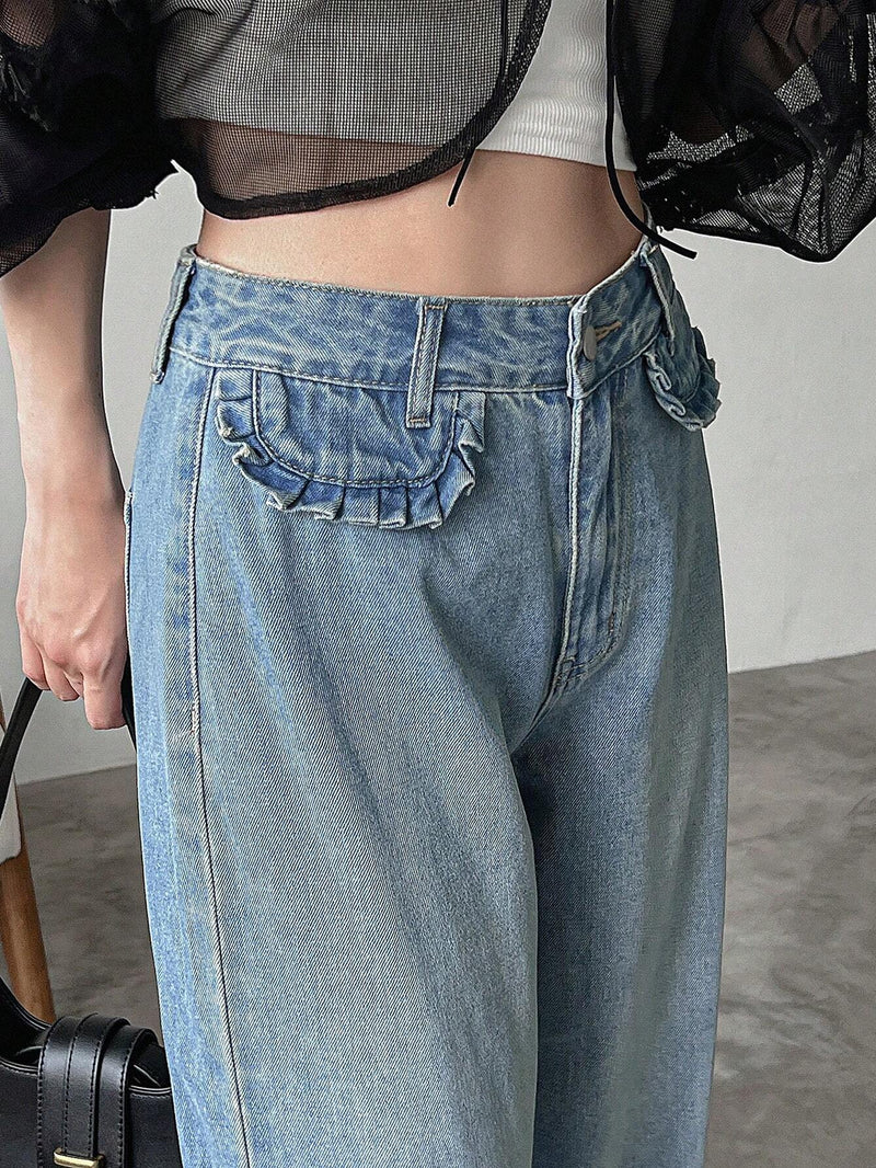 FRIFUL Pantalones Jeans informales con bolsillos de pierna recta para mujer con punos plisados y diseno de parches