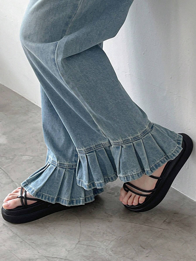 FRIFUL Pantalones Jeans informales con bolsillos de pierna recta para mujer con punos plisados y diseno de parches