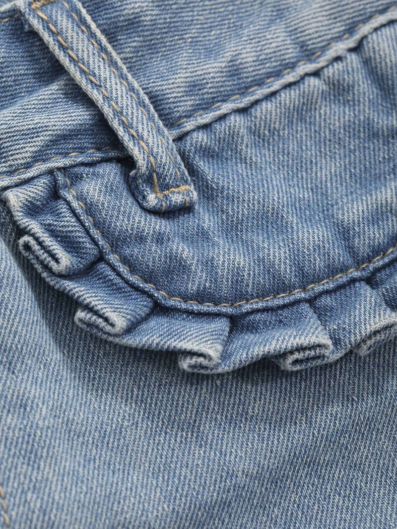 FRIFUL Pantalones Jeans informales con bolsillos de pierna recta para mujer con punos plisados y diseno de parches