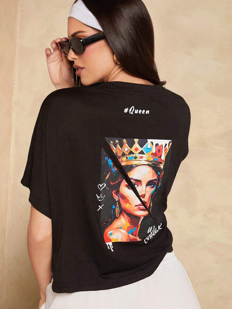 Camiseta de verano para mujer con mangas murcielago y cuello redondo estampado con corona y letras en estilo holgado