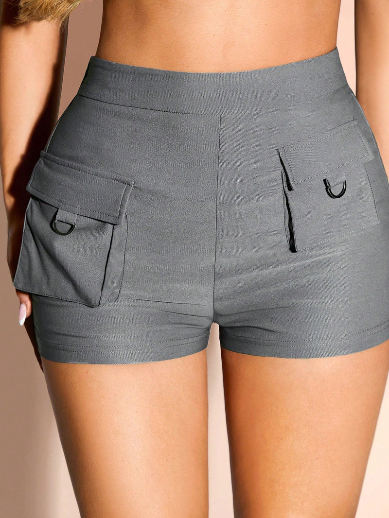 BAE Mini pantalones cortos de trabajo gris, ropa informal de verano, diseno versatil con bolsillos en 3D, estilo de trabajo, pantalones cortos para mujeres