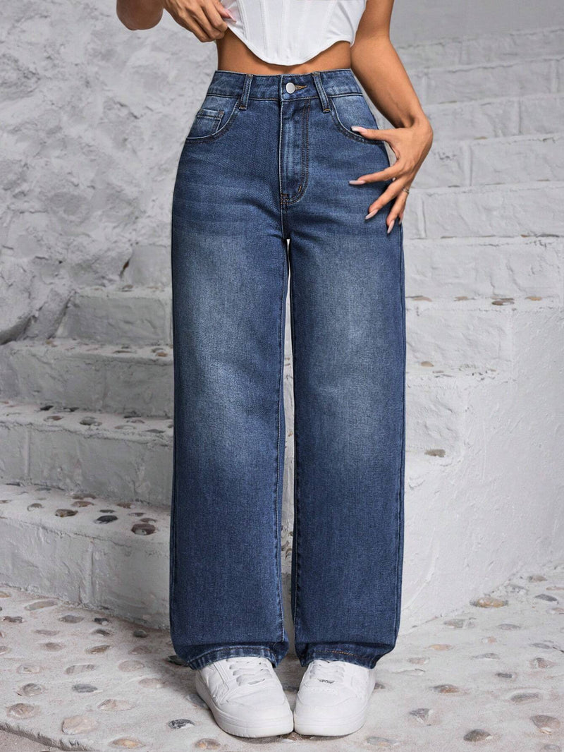 PETITE Jeans casuales de pierna ancha y corte holgado para mujer con bolsillos