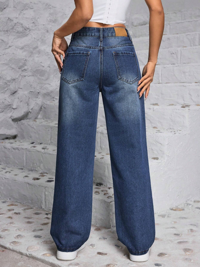 PETITE Jeans casuales de pierna ancha y corte holgado para mujer con bolsillos