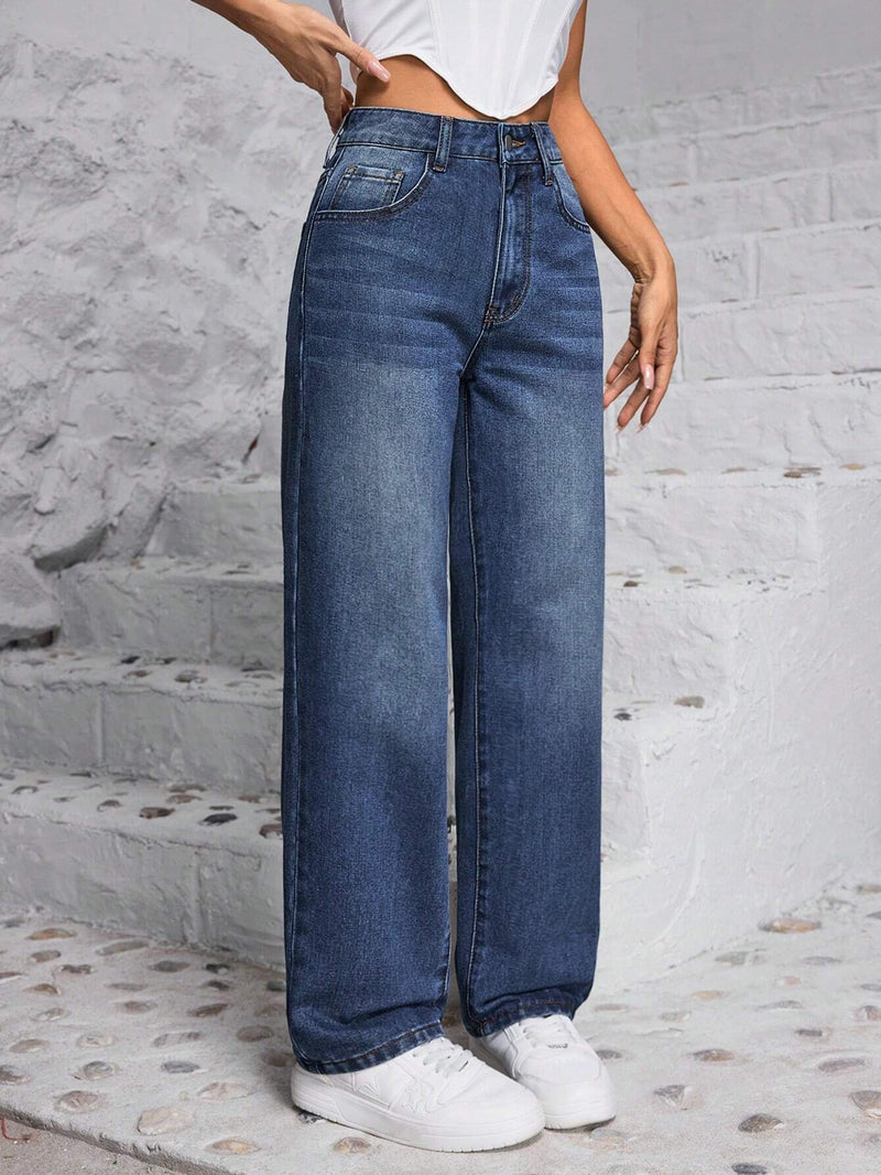 PETITE Jeans casuales de pierna ancha y corte holgado para mujer con bolsillos