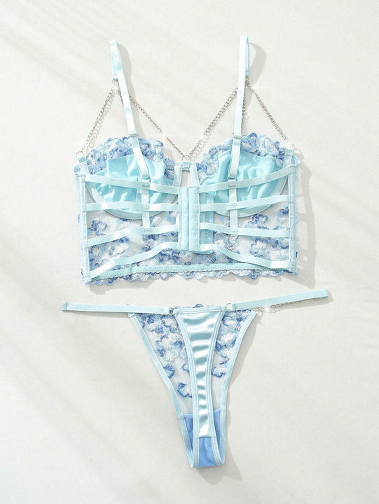 Conjunto de Brasier y braguita de moda con bordado romantico bicolor y cadena