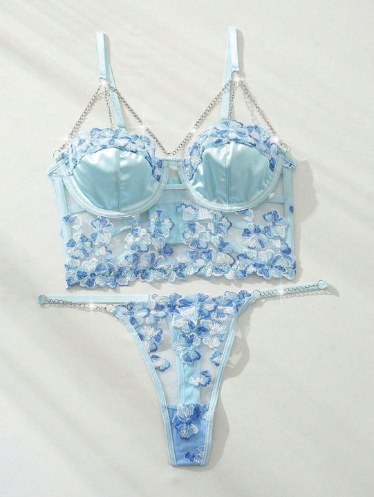 Conjunto de Brasier y braguita de moda con bordado romantico bicolor y cadena
