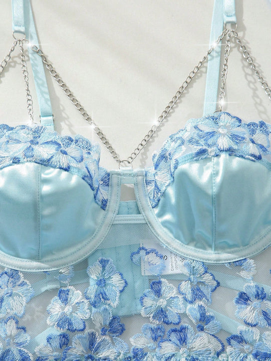 Conjunto de Brasier y braguita de moda con bordado romantico bicolor y cadena