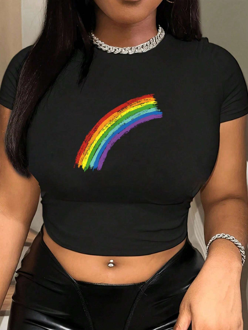 Camiseta LGBT Pride Month casual y sencilla con patron de arcoiris, cuello redondo, manga corta y diseno ajustado, para mujeres, adecuada para el verano