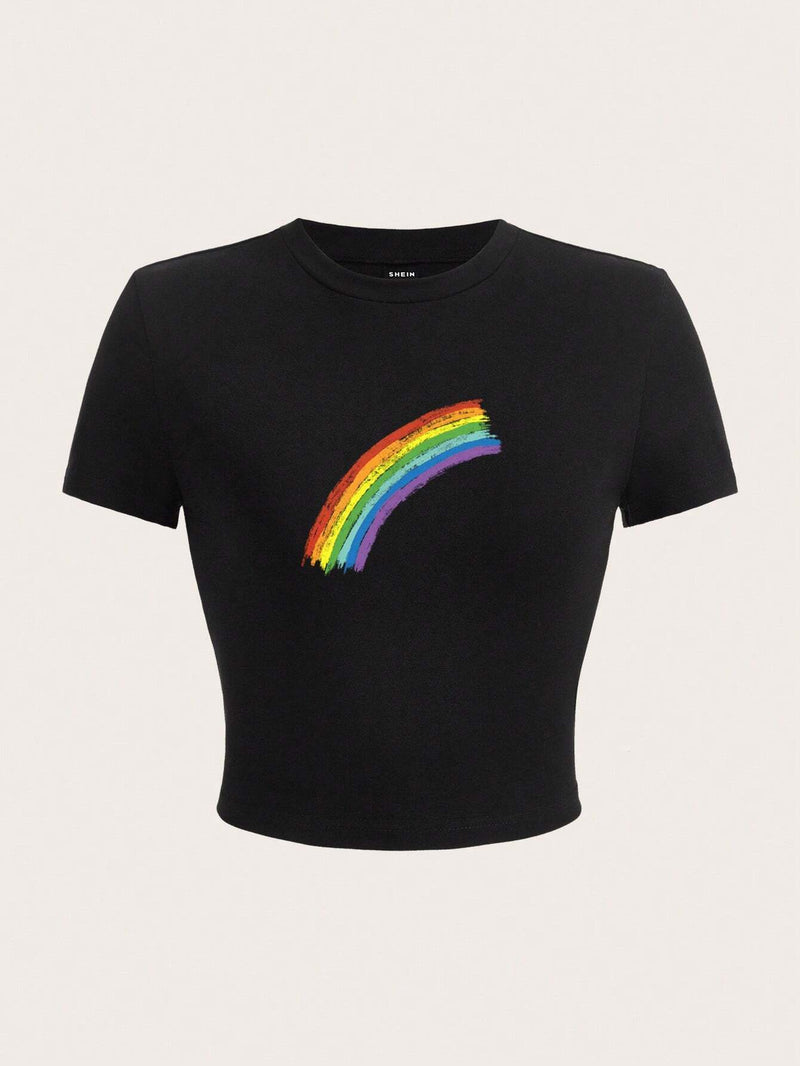 Camiseta LGBT Pride Month casual y sencilla con patron de arcoiris, cuello redondo, manga corta y diseno ajustado, para mujeres, adecuada para el verano