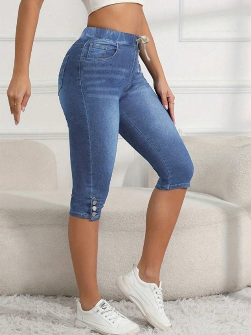 Pantalones capri de mezclilla para mujer ajustados a la cintura con cordon elastico