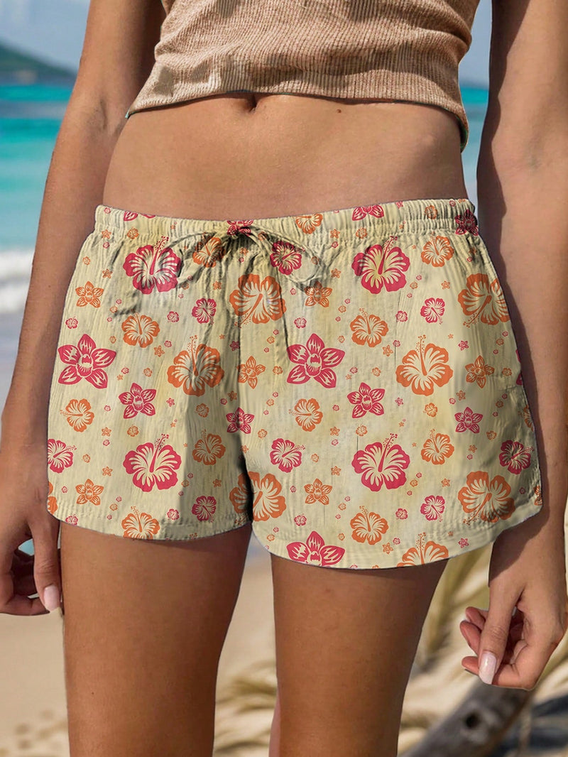 EZwear Shorts holgados con estampado floral tropical y lazo en la cintura para mujer para vacaciones