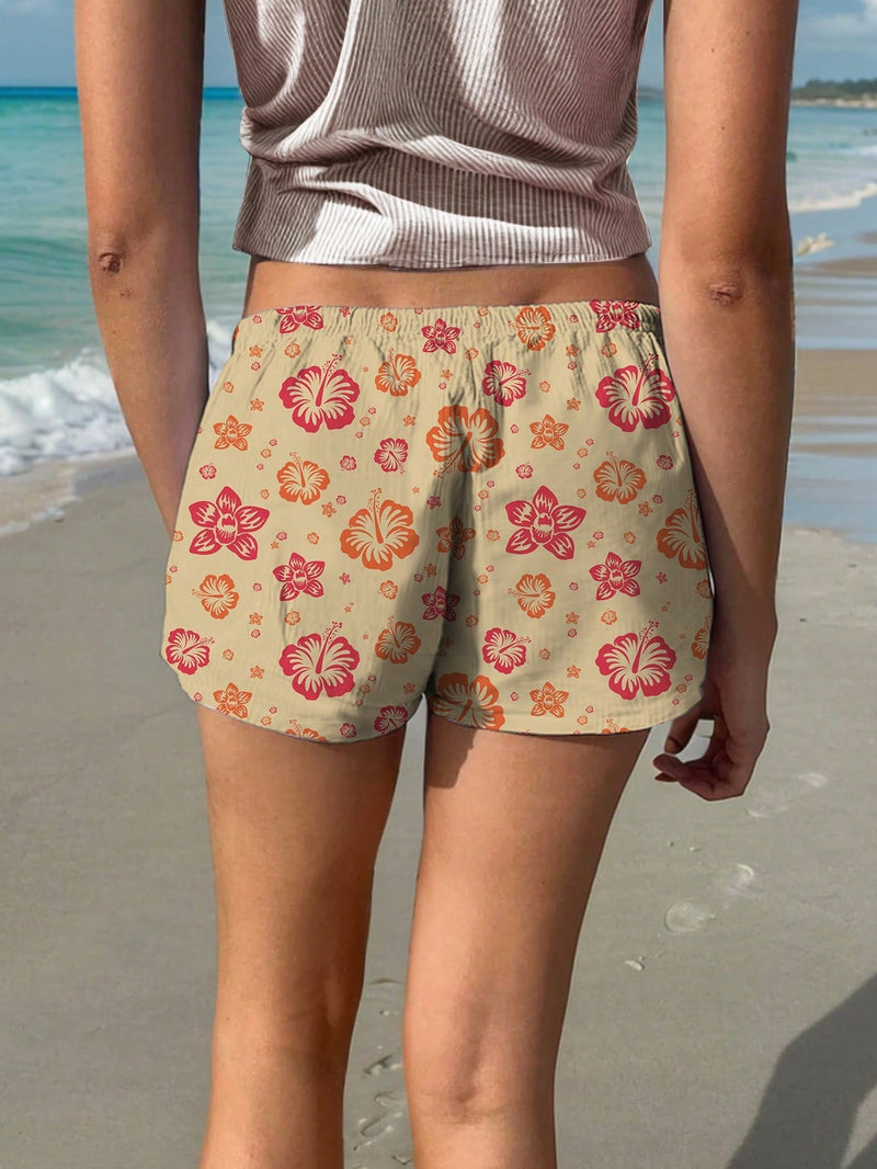 EZwear Shorts holgados con estampado floral tropical y lazo en la cintura para mujer para vacaciones