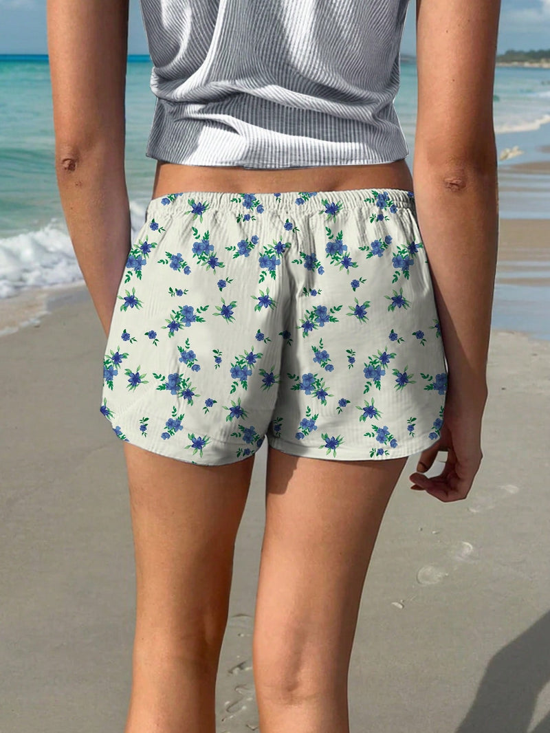 EZwear Pantalones cortos de cintura baja con cordon y estampado floral para vacaciones en la playa para mujer