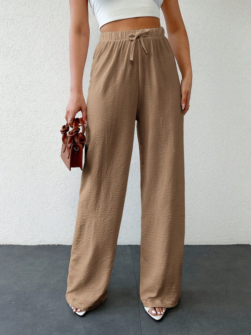 Tall pantalones casuales para mujer de algodon con nudo y unicolor y tiro alto