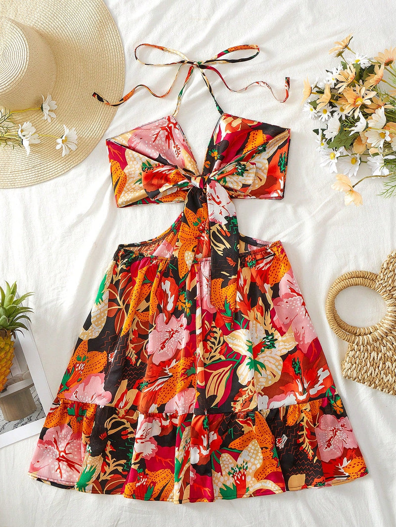 Wywh vestido corto para mujer con cuello halter estampado de verano, hebilla circular, lazo en la espalda, estampado floral de colores y dobladillo con volantes, ideal para vacaciones en la playa