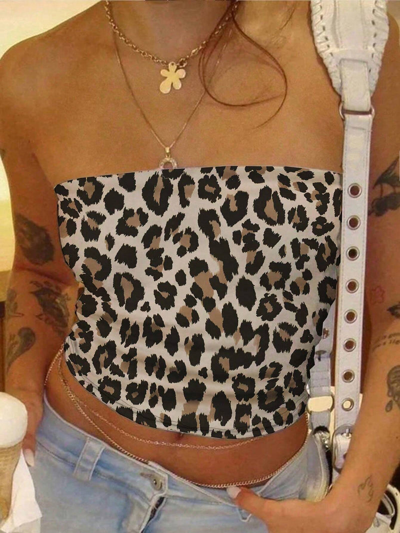 EZwear Top ajustado sin tirantes casual de leopardo para mujeres, adecuado para el verano