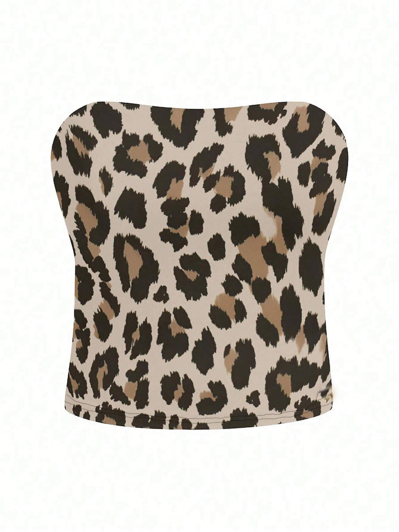 EZwear Top ajustado sin tirantes casual de leopardo para mujeres, adecuado para el verano