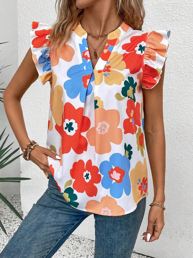 Camisa casual de verano con escote en V con muescas y dobladillo de encaje plisado con estampado floral