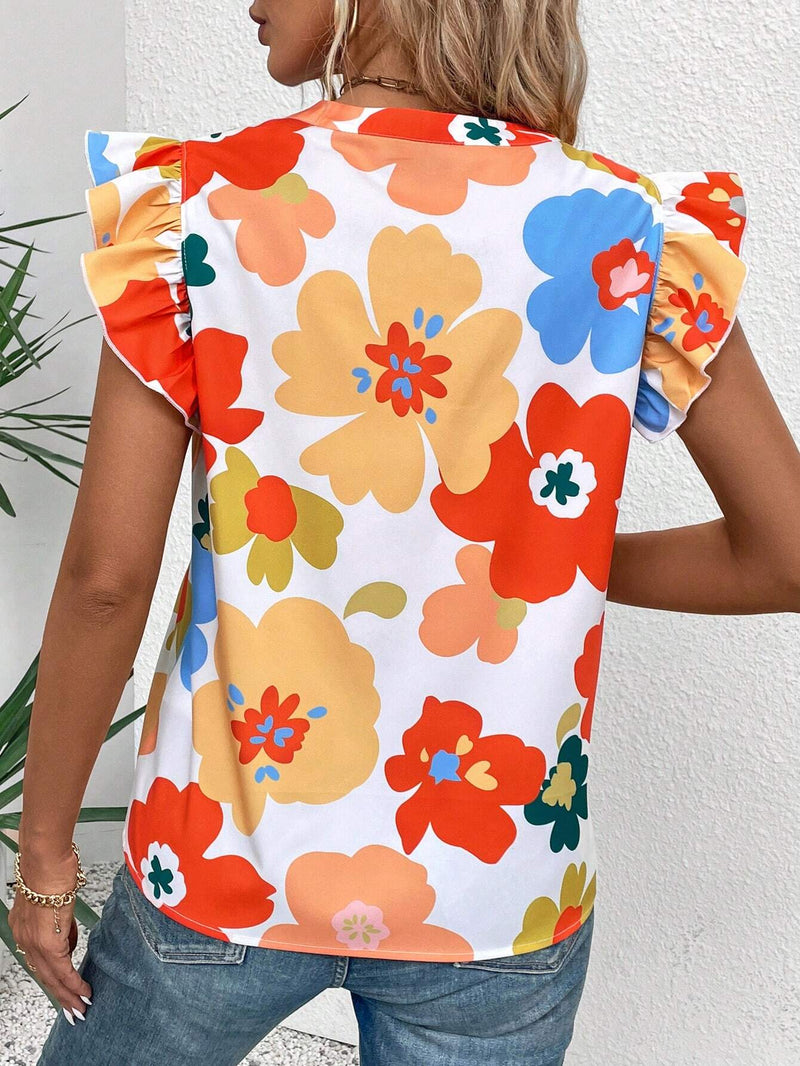 Camisa casual de verano con escote en V con muescas y dobladillo de encaje plisado con estampado floral