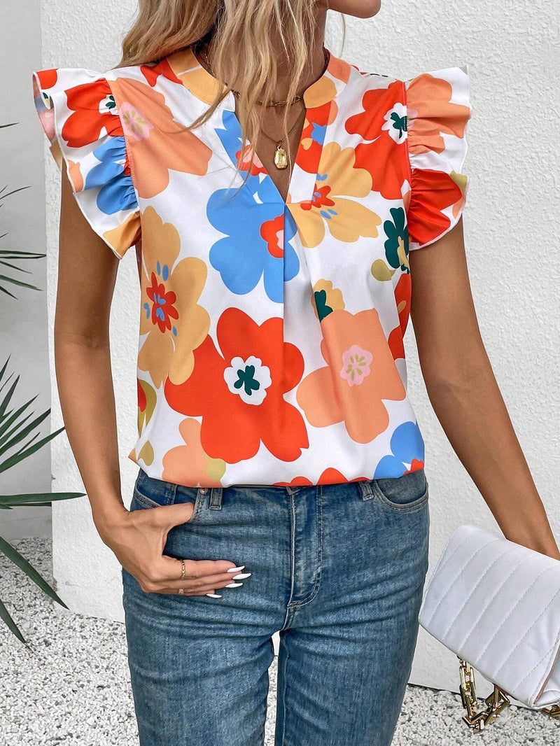 Camisa casual de verano con escote en V con muescas y dobladillo de encaje plisado con estampado floral