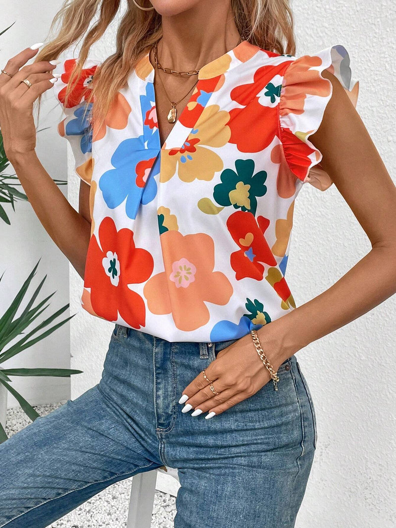 Camisa casual de verano con escote en V con muescas y dobladillo de encaje plisado con estampado floral