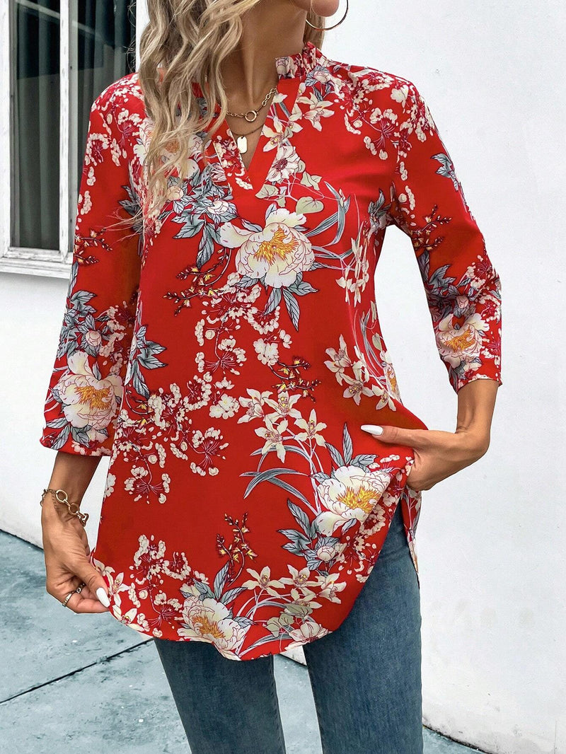 Camisa de vacaciones casual de verano con cuello de muesca y estampado completo para mujer