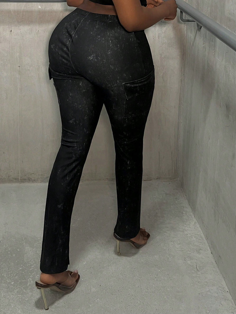 Slayr Pantalones de mujer oscuros de verano casuales de trabajo de calle tridimensionales con cintura en V y bolsillos de tela pit strip lavado con arena ajustados, modelo T-H