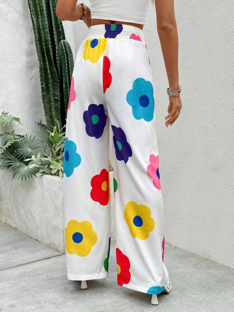 VCAY Pantalones largos de pierna ancha de talle alto con estampado floral para vacaciones y tiempo libre