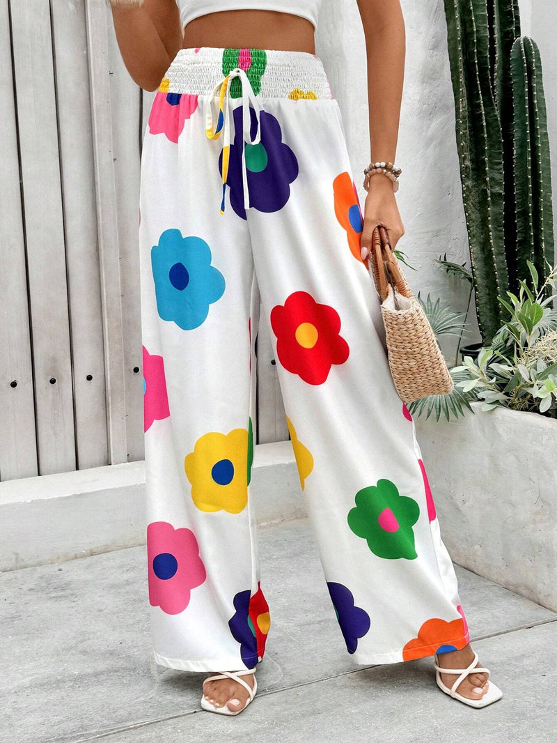 VCAY Pantalones largos de pierna ancha de talle alto con estampado floral para vacaciones y tiempo libre