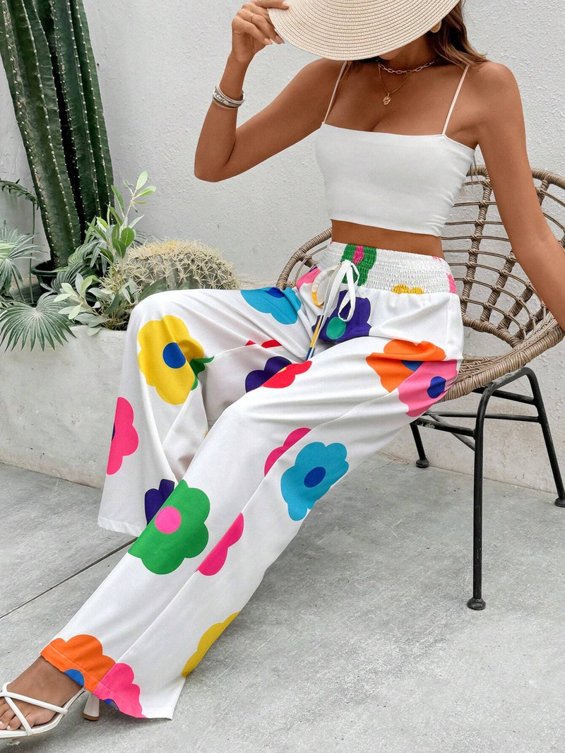 VCAY Pantalones largos de pierna ancha de talle alto con estampado floral para vacaciones y tiempo libre