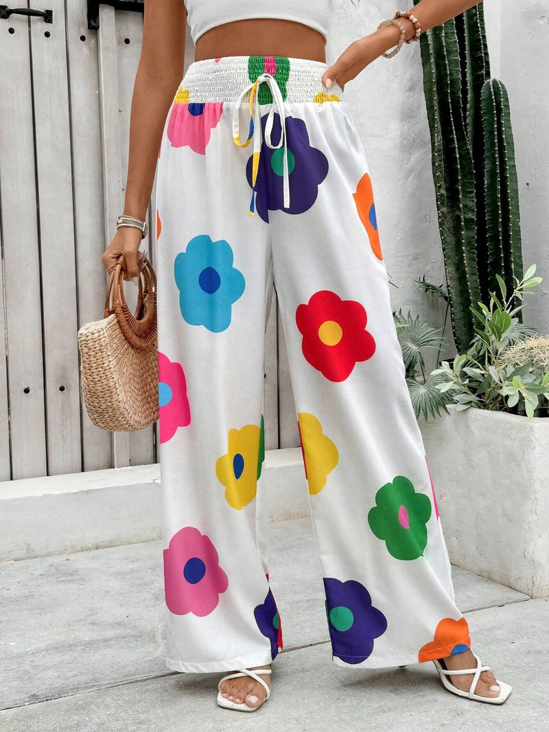 VCAY Pantalones largos de pierna ancha de talle alto con estampado floral para vacaciones y tiempo libre