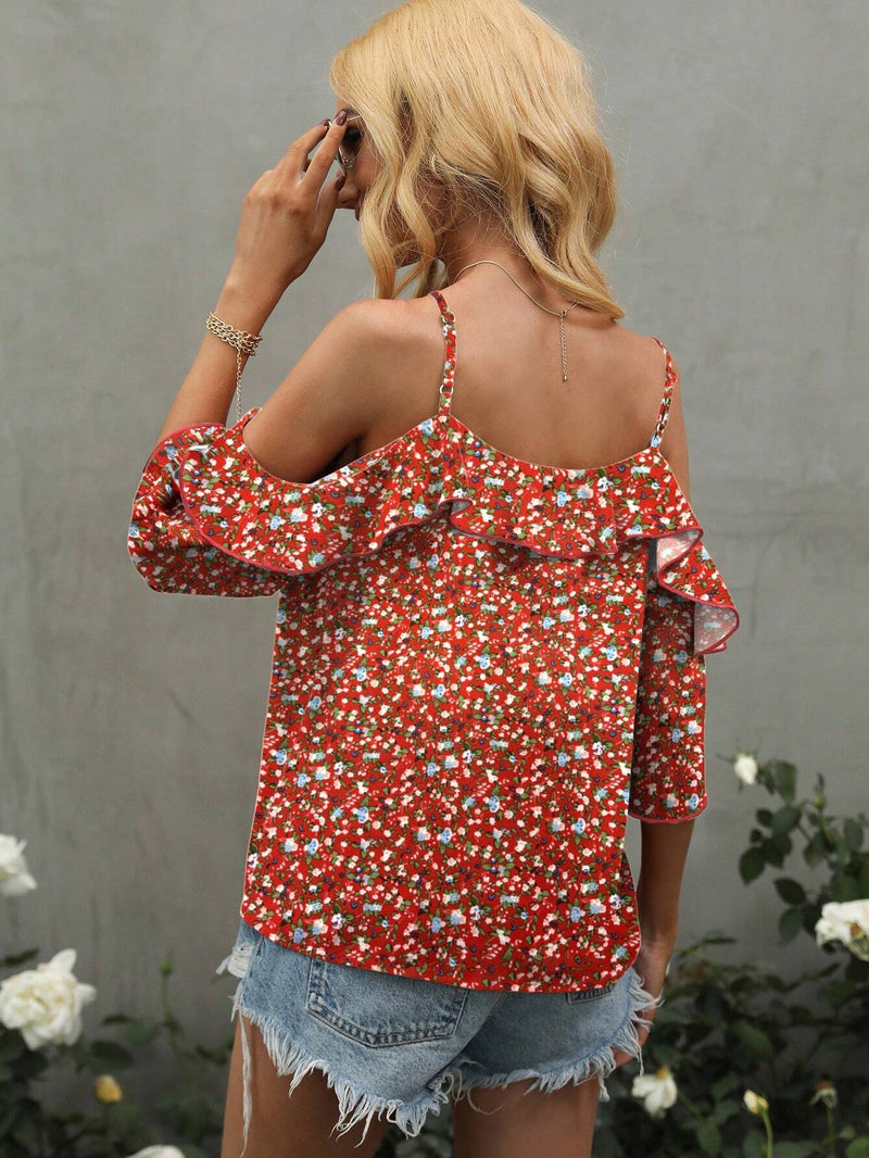 Blusa de mujer con estampado de volantes y manga corta con dobladillo de volantes