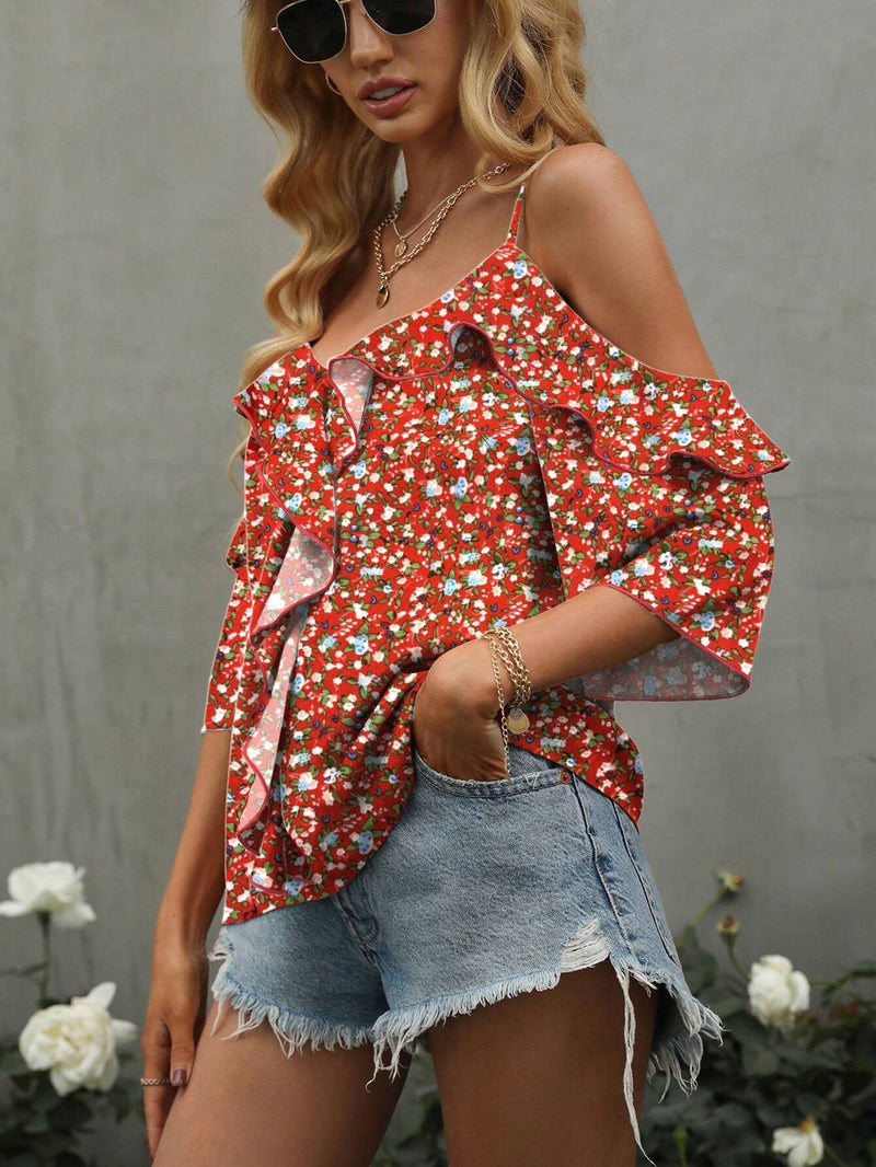 Blusa de mujer con estampado de volantes y manga corta con dobladillo de volantes