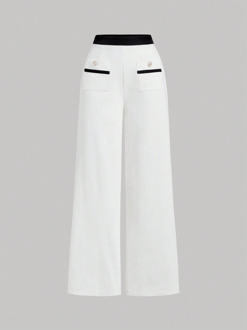 MOD Pantalones largos de estilo retro universitario para mujer con bloque de color blanco, ropa de estilo 'old money' para el regreso a clases