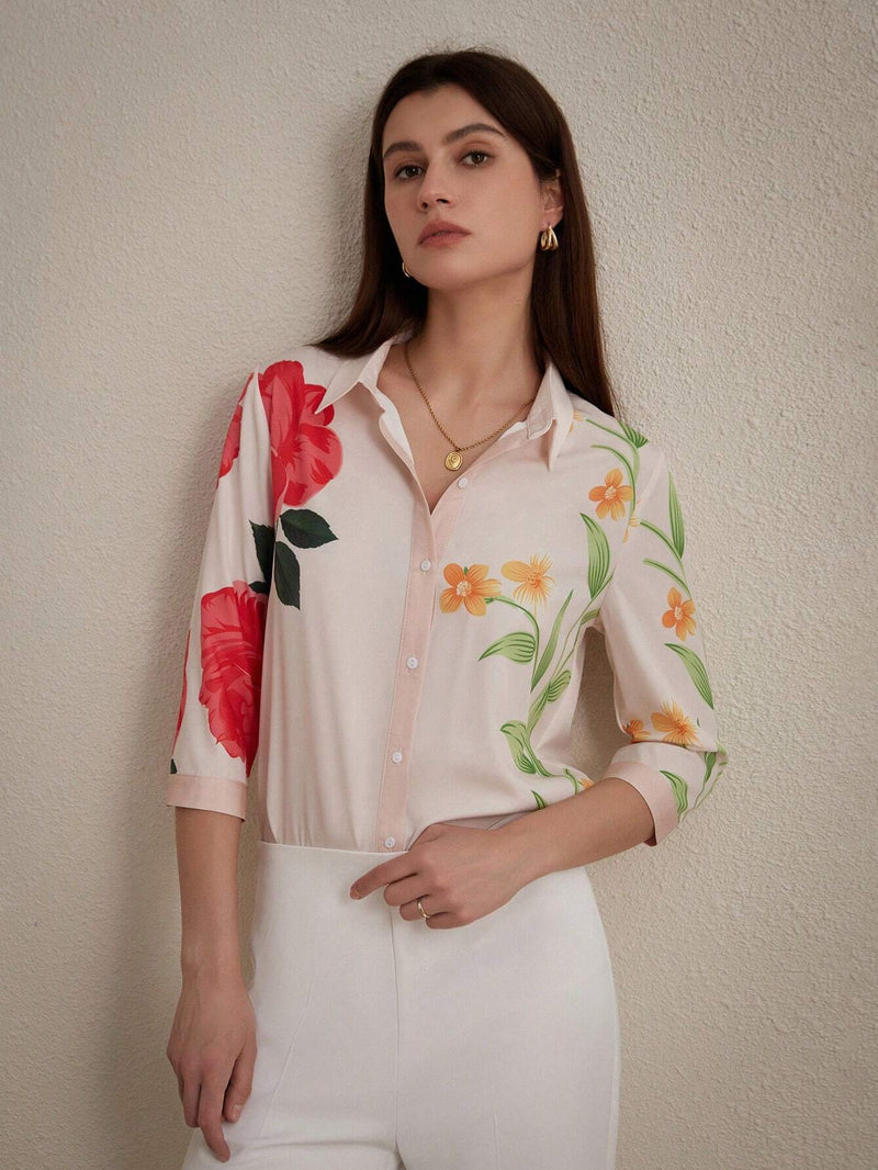 Camisa floral de moda para mujeres, estilo maduro con flores grandes, cuello de solapa y mangas de siete cuartos