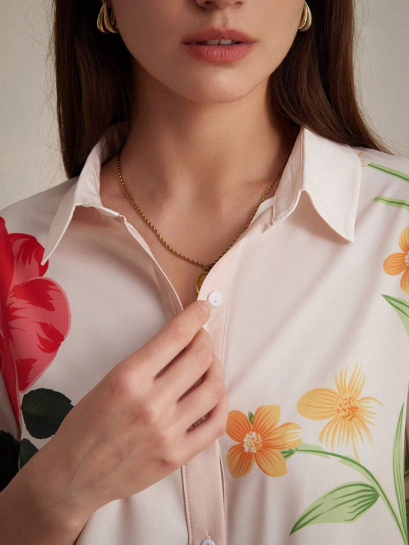 Camisa floral de moda para mujeres, estilo maduro con flores grandes, cuello de solapa y mangas de siete cuartos