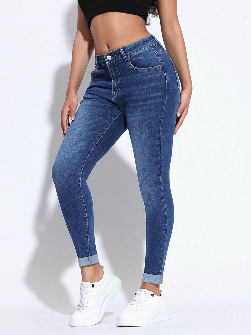 PETITE Jeans casuales de mujer con ajuste cenido, dobladillo enrollado y bolsillos