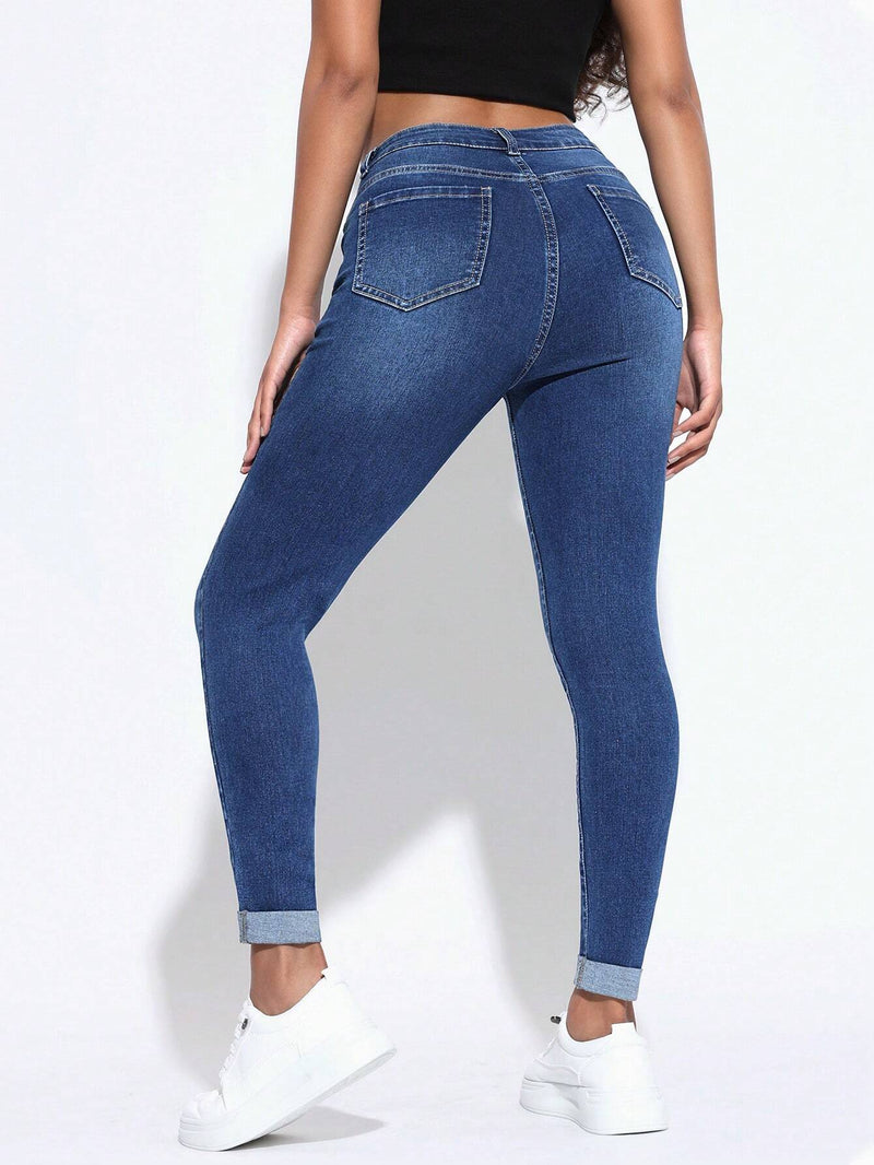 PETITE Jeans casuales de mujer con ajuste cenido, dobladillo enrollado y bolsillos