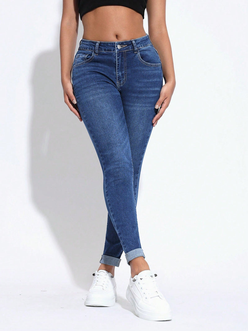 PETITE Jeans casuales de mujer con ajuste cenido, dobladillo enrollado y bolsillos