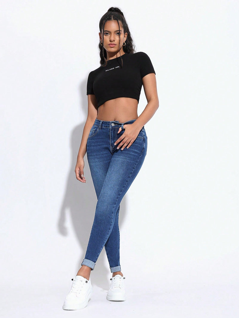 PETITE Jeans casuales de mujer con ajuste cenido, dobladillo enrollado y bolsillos