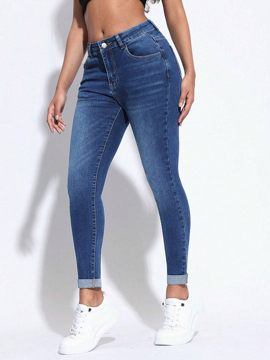 PETITE Jeans casuales de mujer con ajuste cenido, dobladillo enrollado y bolsillos