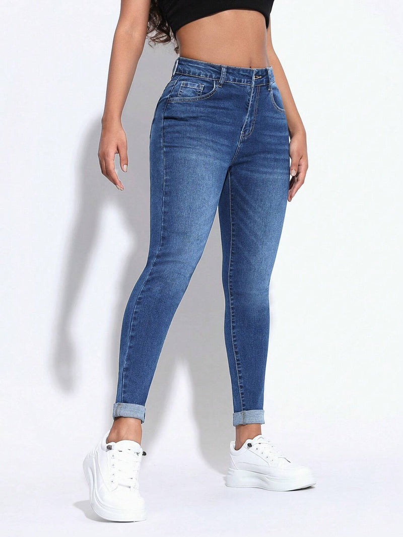 PETITE Jeans casuales de mujer con ajuste cenido, dobladillo enrollado y bolsillos